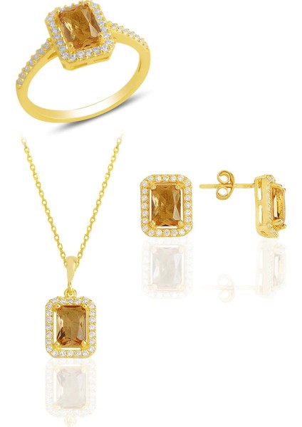 Gümüş Altın Yaldızlı, Renk Değiştiren Zultanit Taşlı Baget Kesim Üçlü Set SGTL11527ZLT