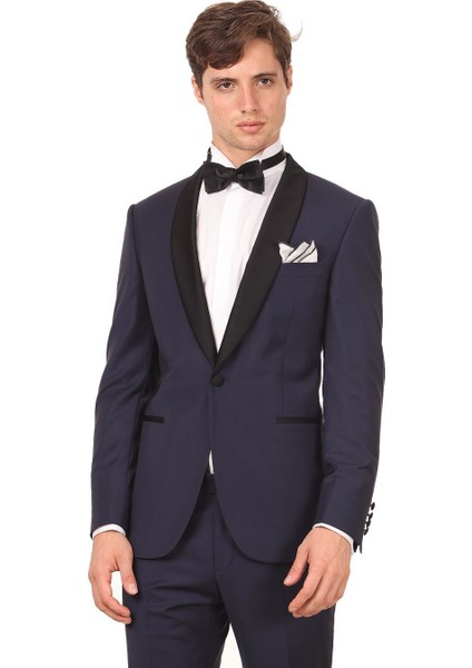 Saks Düz Modern Fit Şal Yaka Dokuma Smokin Takım Elbise