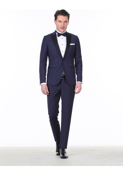 Saks Düz Slim Fit Kruvaze Yaka Dokuma Smokin Takım Elbise