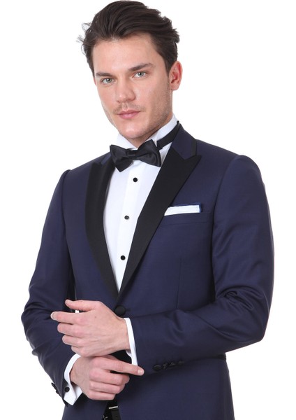 Saks Düz Slim Fit Kruvaze Yaka Dokuma Smokin Takım Elbise indirimleri