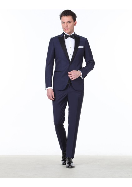Saks Düz Slim Fit Kruvaze Yaka Dokuma Smokin Takım Elbise