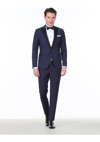 Saks Düz Slim Fit Kruvaze Yaka Dokuma Smokin Takım Elbise
