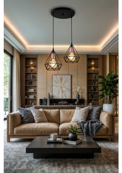 Elmas 2li Siyah Avize Modern Dekoratif Sarkıt Salon Oturma Odası Cafe Hole Mutfak Yatak Odası