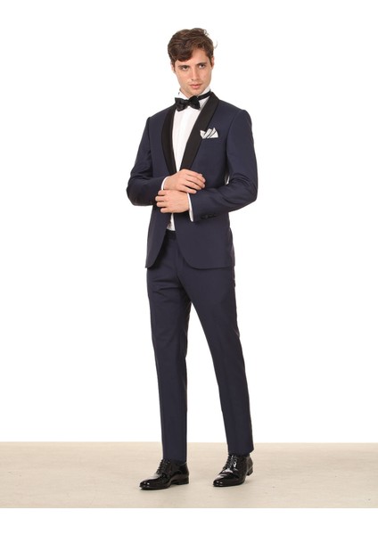 Saks Düz Modern Fit Şal Yaka Dokuma Smokin Takım Elbise