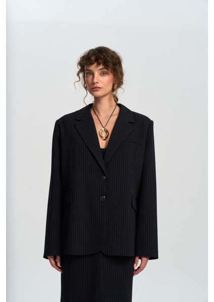 Bruno Çizgili Lacivert Blazer