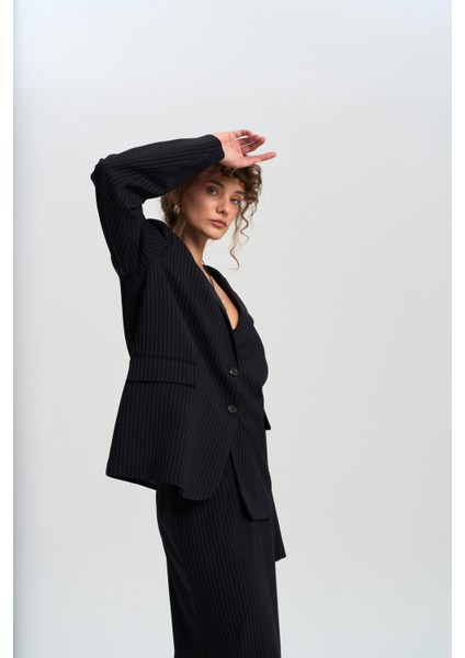 Bruno Çizgili Lacivert Blazer