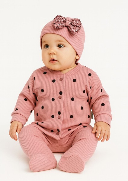 “kız Bebek Puantiyeli 3’lü Takım Şapkalı Pamuklu Tulum 3-6-9 Ay”