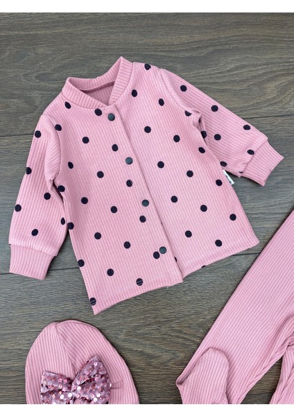 “kız Bebek Puantiyeli 3’lü Takım Şapkalı Pamuklu Tulum 3-6-9 Ay” modelleri