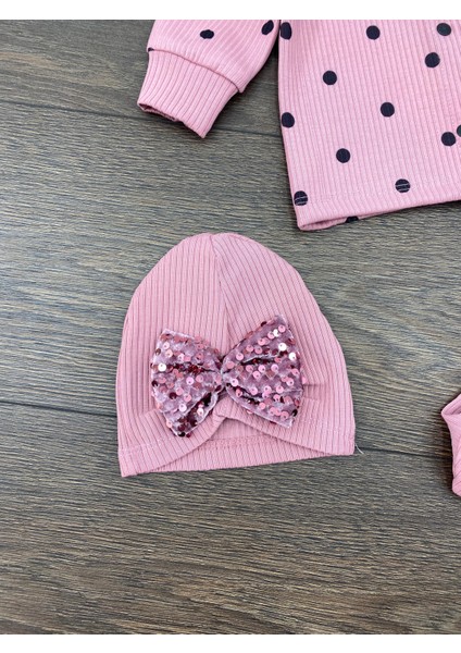 “kız Bebek Puantiyeli 3’lü Takım Şapkalı Pamuklu Tulum 3-6-9 Ay” fırsatları