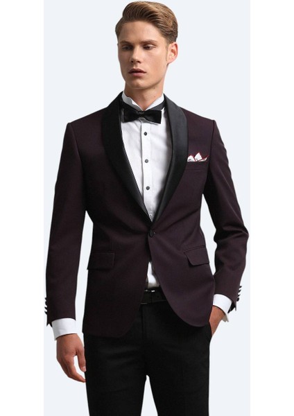 Bordo Slim Fit Şal Yaka Dokuma Smokin Takım Elbise