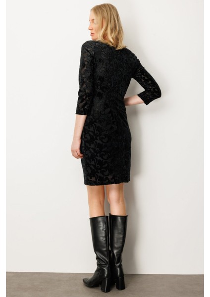 Önü Büzgülü Kadife Detaylı Elbise Siyah 04005 modelleri