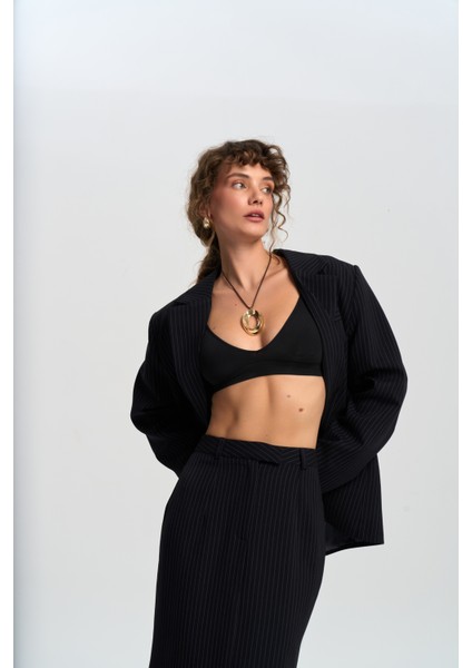 Bruno Çizgili Lacivert Etek