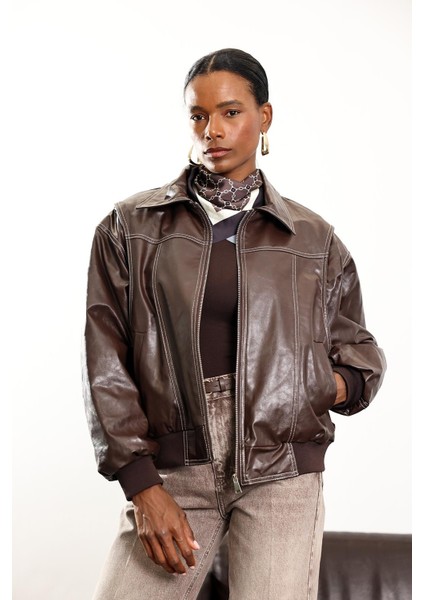 Kahverengi Kontrast Dikişli Deri Bomber Ceket