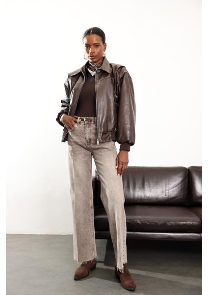 Kahverengi Kontrast Dikişli Deri Bomber Ceket fiyatları