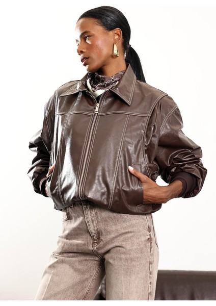 Kahverengi Kontrast Dikişli Deri Bomber Ceket modelleri