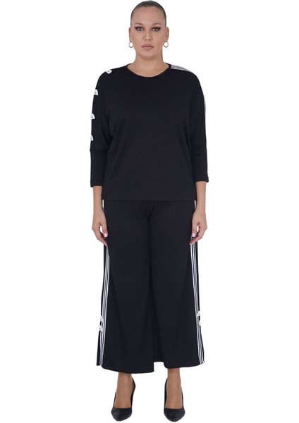 Kadın Büyük Beden Siyah Beyaz Şeritli Alt Üst Yarım Kollu İkili Takım