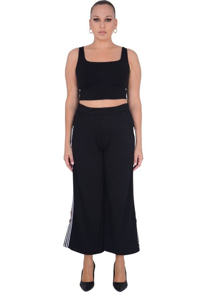 Kadın Büyük Beden Siyah Beyaz Şeritli Alt Üst Yarım Kollu İkili Takım