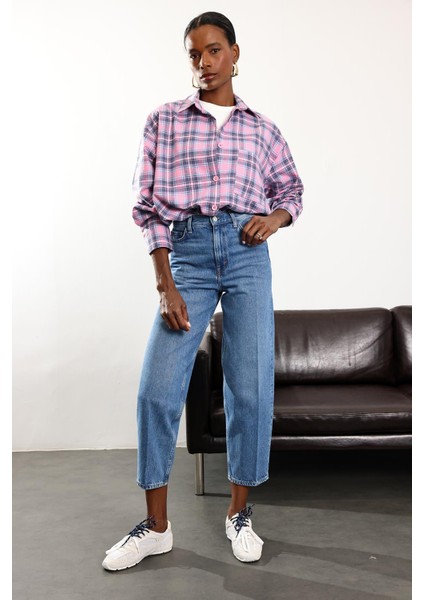 Mavi Yüksek Bel Tapered Jean