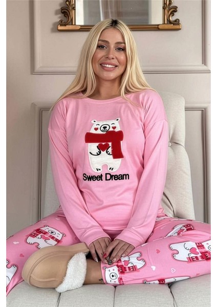 Pembe Sweet Dream Desenli Termal Kadın Pijama Takımı