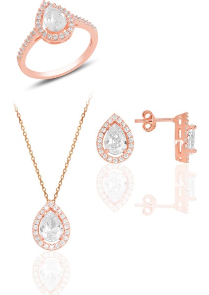 Gümüş Rose Zirkon Taşlı Damla Modeli Üçlü Set SGTL11512BEYAZ