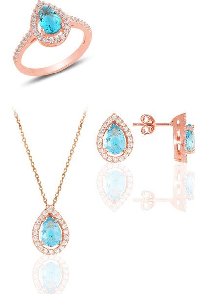 Gümüş Rose Akuamarin Taşlı Damla Modeli Üçlü Set SGTL11512MAVI
