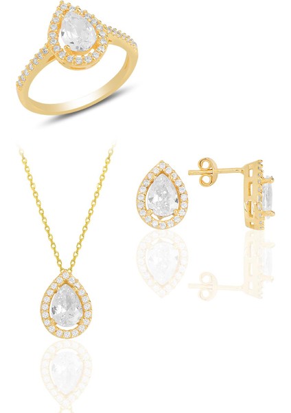 Gümüş Altın Yaldızlı Zirkon Taşlı Damla Modeli Üçlü Set SGTL11517BEYAZ