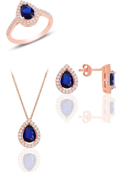 Gümüş Rose Safir Taşlı Damla Modeli Üçlü Set SGTL11512LACIVERT