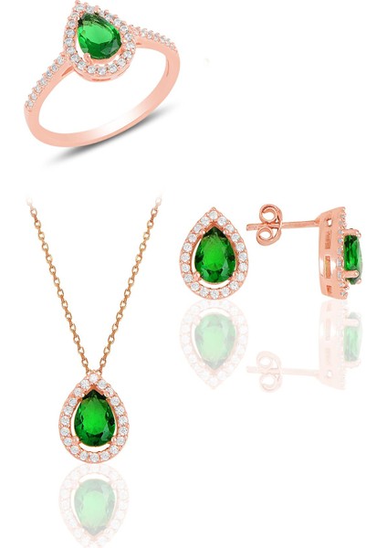 Gümüş Rose Kök Zümrüt Taşlı Damla Modeli Üçlü Set SGTL11512YESIL
