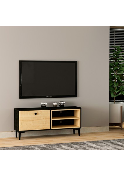 T004 Minimal Tv Sehpası Ahşap Siyah/safir Meşe