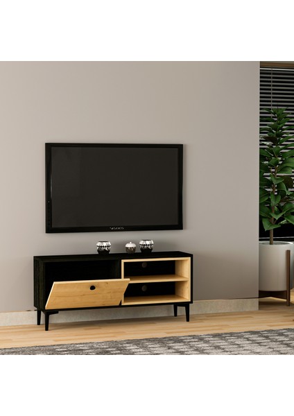 T004 Minimal Tv Sehpası Ahşap Siyah/safir Meşe