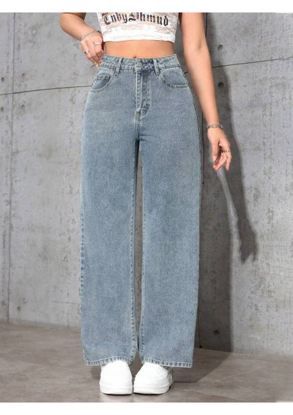 Kadın Baggy Fit Yüksek Bel Denim Jean Yıkamalı Pantolon