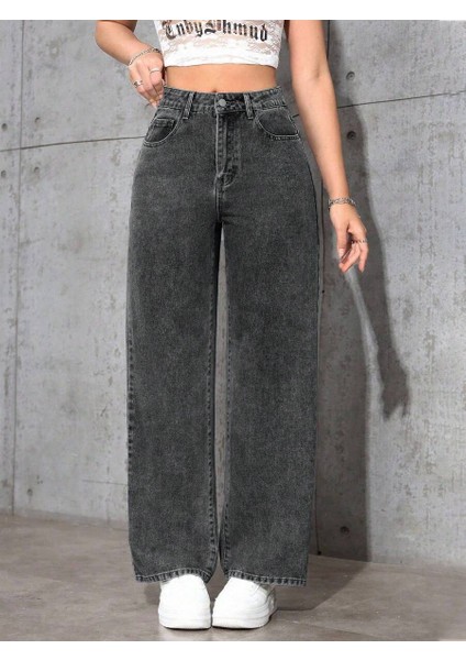 Kadın Baggy Fit Yüksek Bel Denim Jean Yıkamalı Pantolon