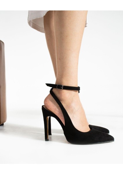 10.5 cm Siyah Süet Bilekten Bağlamalı Stiletto Topuklu Ayakkabı 2191