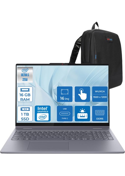 Ideapad 5 2-In-1 16AIL10 Intel Core Ultra 5 225U Aı 16GB 1tb SSD 16" Wuxga IPS 300NITS Freedos Dokunmatik +Lenovo® Digital Pen2 Bilgisayarr 83KS0005TRF03+ZETTAÇANTA