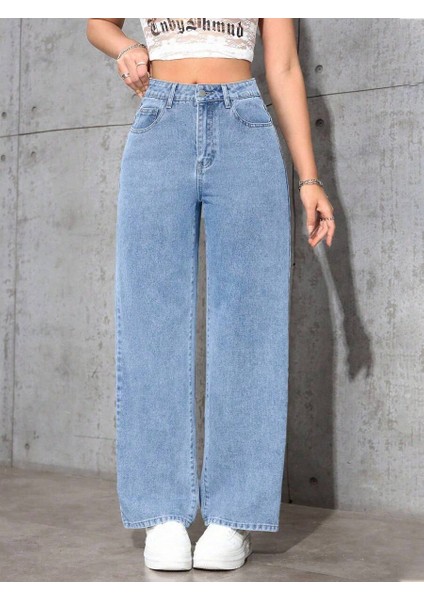 Kadın Baggy Fit Yüksek Bel Denim Jean Yıkamalı Pantolon
