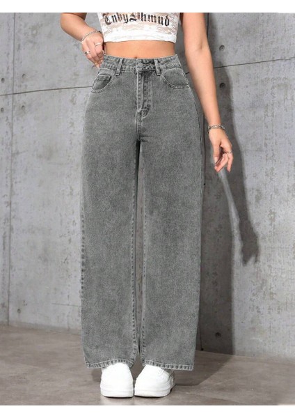 Kadın Baggy Fit Yüksek Bel Denim Jean Yıkamalı Pantolon