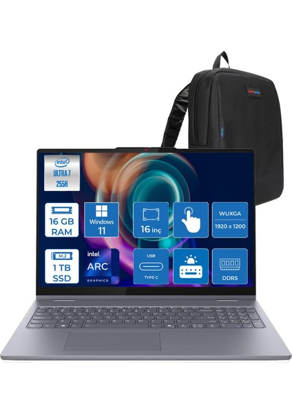 Ideapad 5 2-In-1 16AIL10 Intel Core Ultra 7 255H Aı 16GB 1tb SSD 16" Wuxga IPS 300NITS Intel® Arc™ 140T WIN11HOME Dokunmatik +Digital Pen2 Taşınabilir Bil 83KS002ATRH03+ZETTAÇANTA