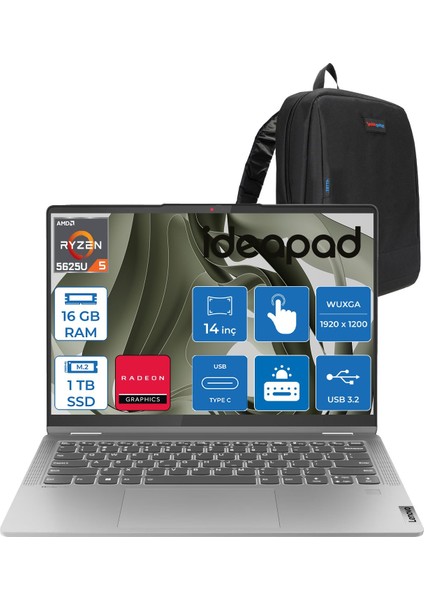 Ideapad Flex5 14ABR8 Amd Ryzen 5 5625U 16GB 1tb SSD 14" Wuxga (1920X1200) IPS 300NITS Freedos Dokunmatik +Lenovo® Digital Pen Taşınabilir Bilgisayar 82XX00JTTXF03+ZETTAÇANTA