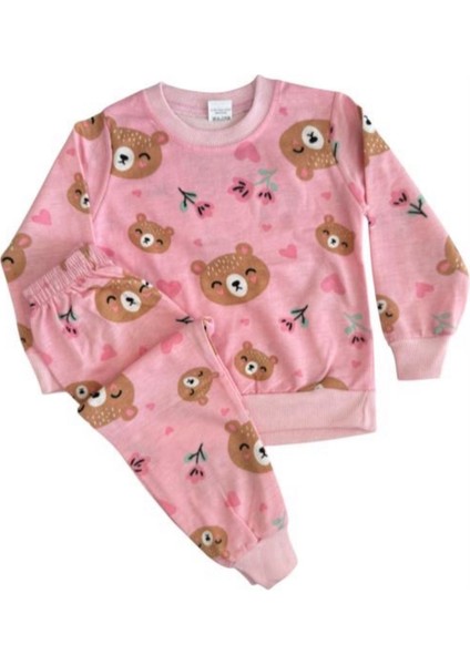 Kız Çocuk Pembe Ayıcık Baskılı %100 Pamuk Mevsimlik Takımı