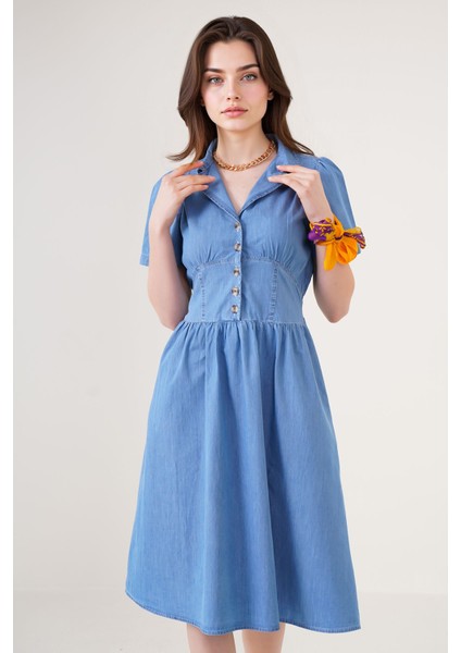 Kadın BDART Gömlek Yaka ve Düğmeli Kot Midi Elbise Maya Mavisi