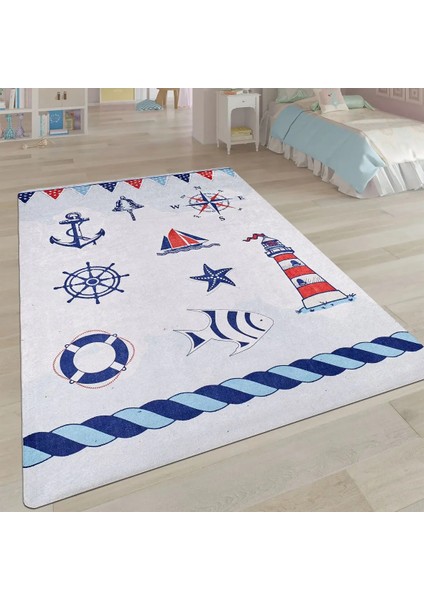 Epinal Figürlü Mavi Pamuk ve Polyester Kaydırmaz Taban Dijital Baskı Çocuk Halısı modelleri