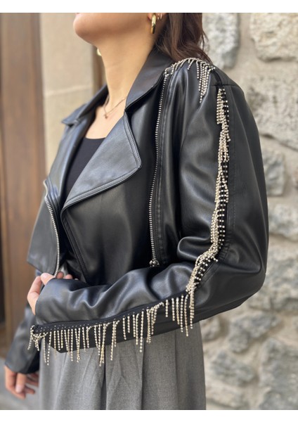 Taşlı Kısa Premium Deri Ceket modelleri