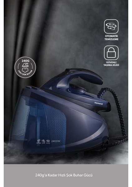 Buhar Kazanlı Ütü, 2400 W, Lacivert, Güçlü ve Hızlı Kapanış