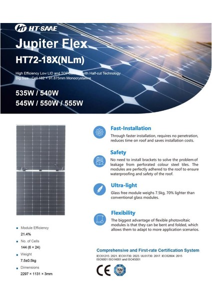 550W Esnek Güneş Paneli Marin Tipi Solar Panel HT72-18X(NLM) indirimleri