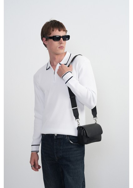 Erkek Yaka Çizgili Uzun Kollu Beyaz Polo Yaka Tişört