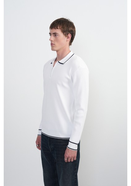 Erkek Yaka Çizgili Uzun Kollu Beyaz Polo Yaka Tişört fiyatları