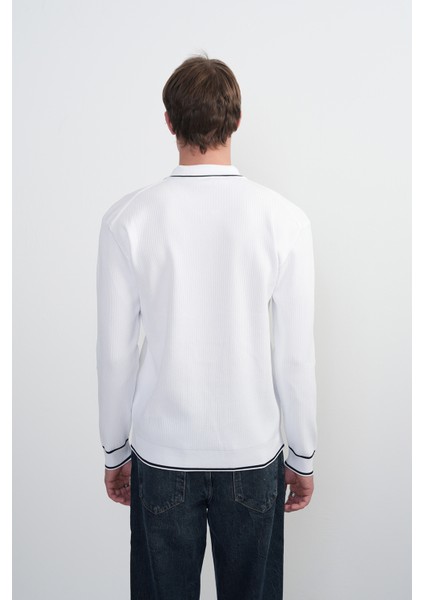 Erkek Yaka Çizgili Uzun Kollu Beyaz Polo Yaka Tişört modelleri