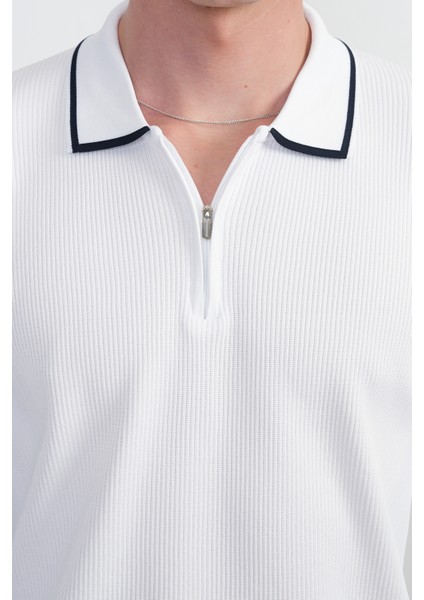 Erkek Yaka Çizgili Uzun Kollu Beyaz Polo Yaka Tişört fırsatları