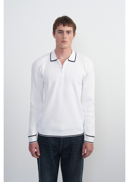 Erkek Yaka Çizgili Uzun Kollu Beyaz Polo Yaka Tişört indirimleri