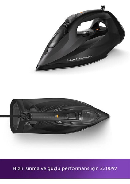 7500 Serisi Siyah Azur Buharlı Ütü 3200W, Güçlü ve Verimli Üstün Performans